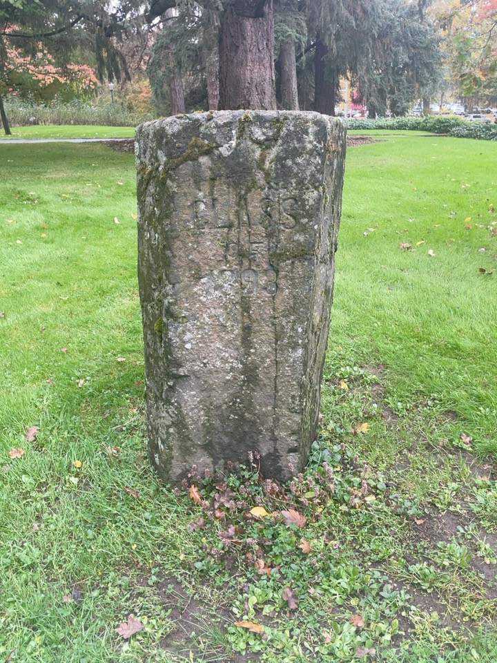 A weathered, lichen covered basalt column standing in the lawn near Villard Hall.